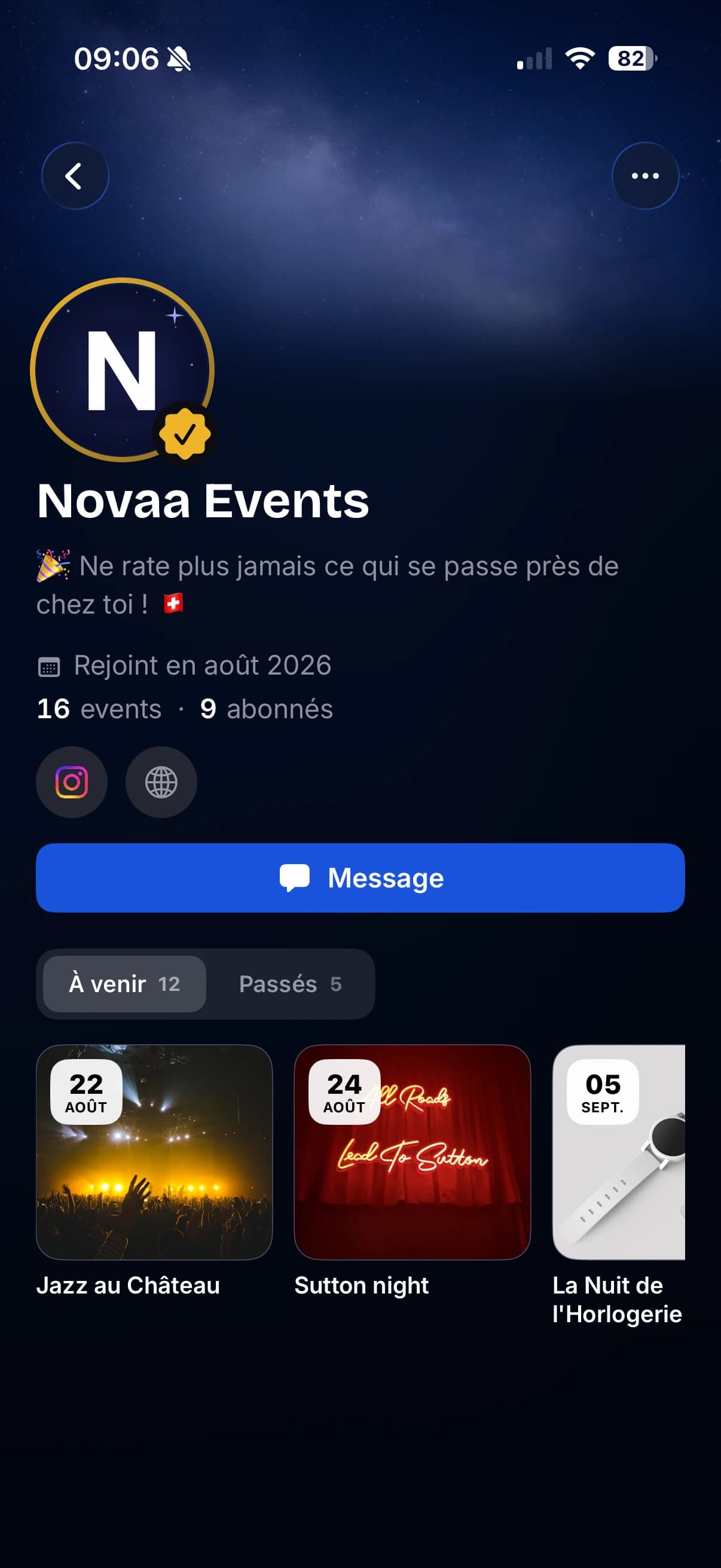 Profil d'un organisateur dans Novaa : présentation, nombre d'events et d'abonnés, et ses prochaines dates.